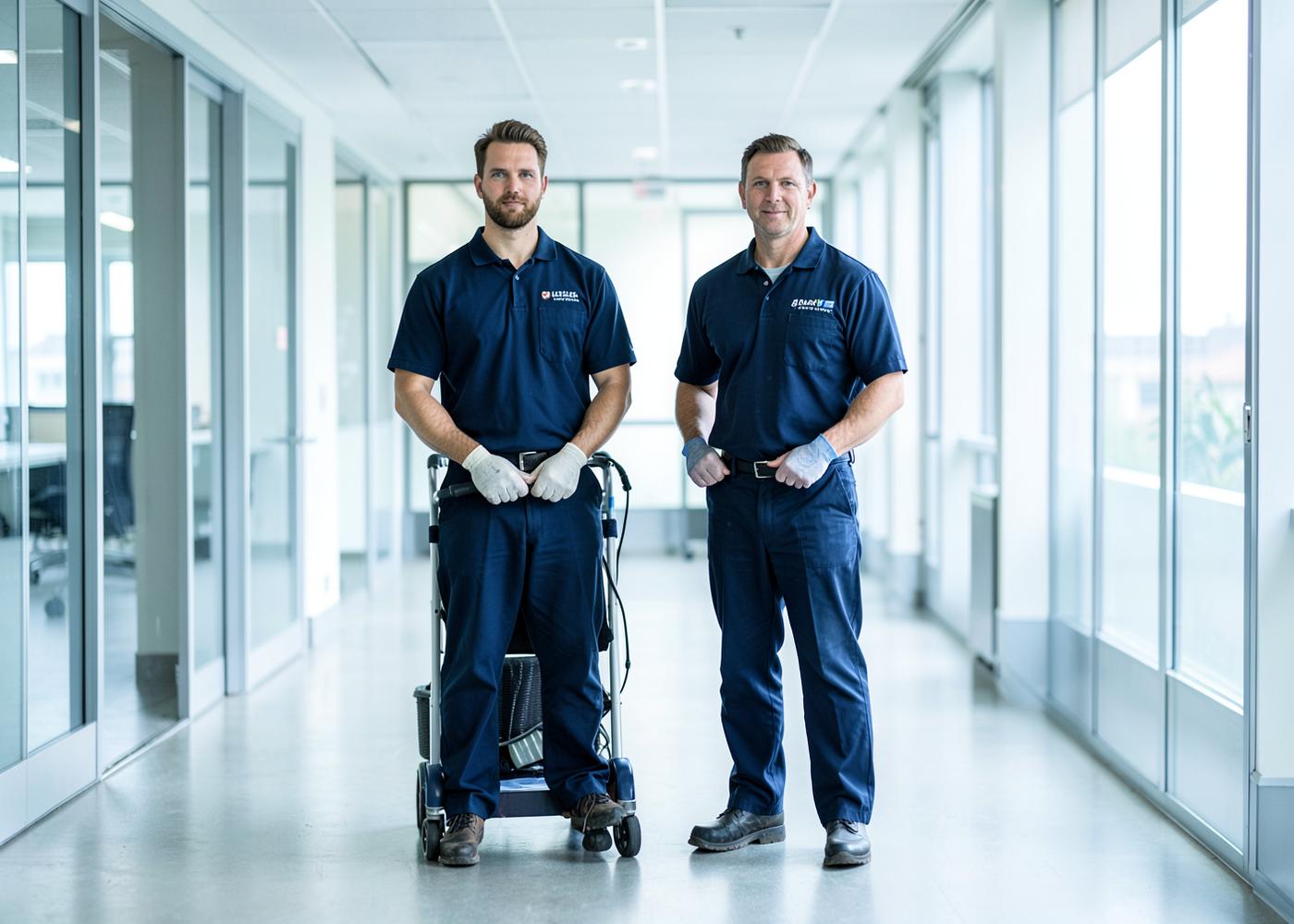 Two Noor Commercial Cleaning team members in an office corridor