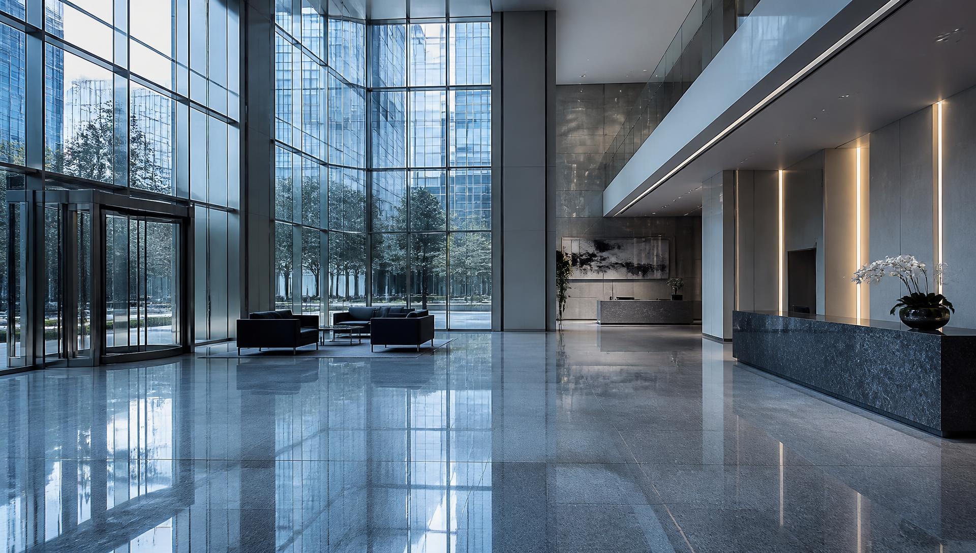 Immaculate corporate office lobby with polished floors and glass walls